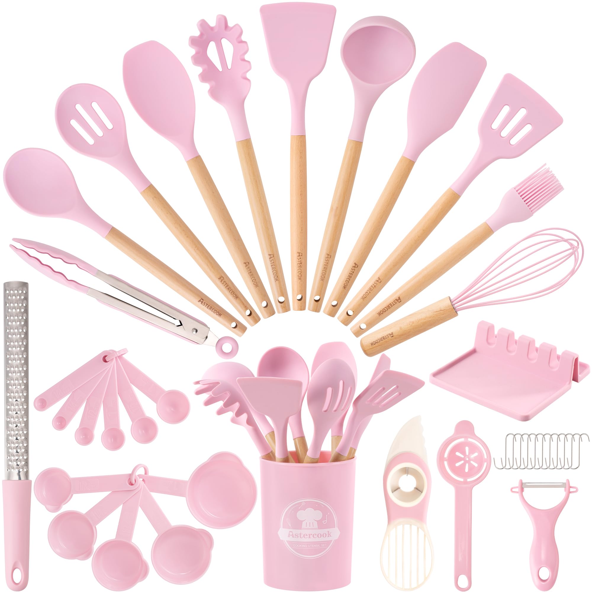 Astercook Kitchen Utensils set, 39 PCS Silicone Cooking Utensils Set with Wooden Handle, 446°F Heat Resistant Food Grade Utensil Sets, BPA Free Kitchen Gadgets Tools Set for Nonstick Cookware (Pink) Image