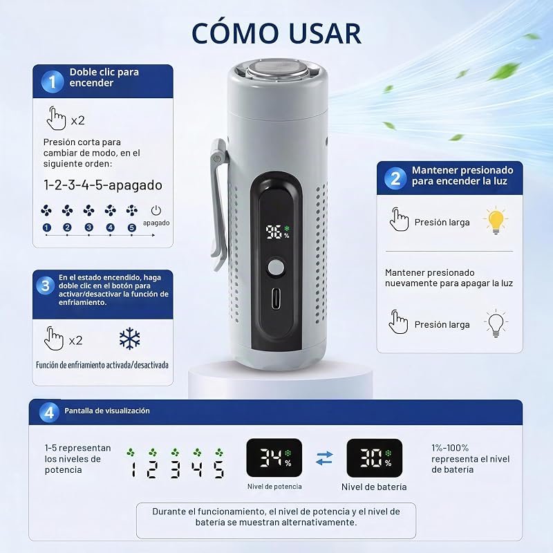 Mini Ventilador Portátil 3 en 1 con Placa Refrigerante 5 Velocidades, Pantalla LED, USB Tipo C, Clip, Soporte y Linterna para Viaje, Oficina, Camping, Playa y Uso Diario (Azul) — foto 6 de 8