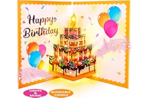 FITMITE Birthday Cards, Musical Pop Up Birthday Cards with Light, Blow Out LED Light Candle and Play Happy Birthday Music Pop Up Card, 90 Degree Vertical Cake Greeting Card, Birthday Gifts for Women