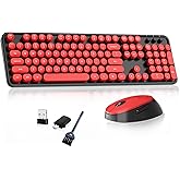 Wireless Keyboard and Mouse, COOFUN Retro Typewriter Keyboard with Round Keycaps, Full-Size Ergonomic, Ideal for Windows PC, Home, Office, and College Black and Red