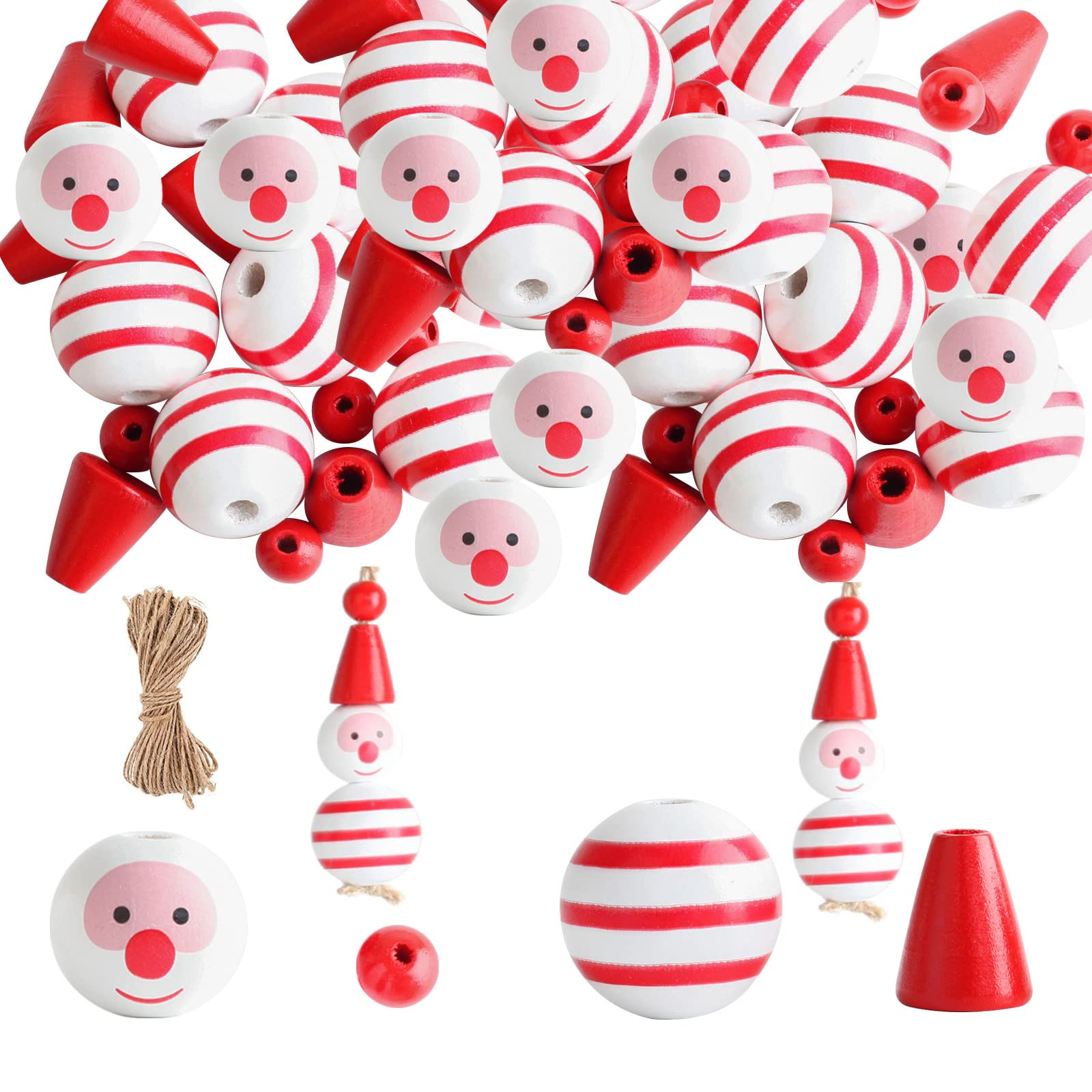 Plcnn 120 Pieces Christmas Wooden Beads, Snowman Wooden Beads for Crafts Striped Farmhouse Craft Beads for DIY Supplies Holiday Decor