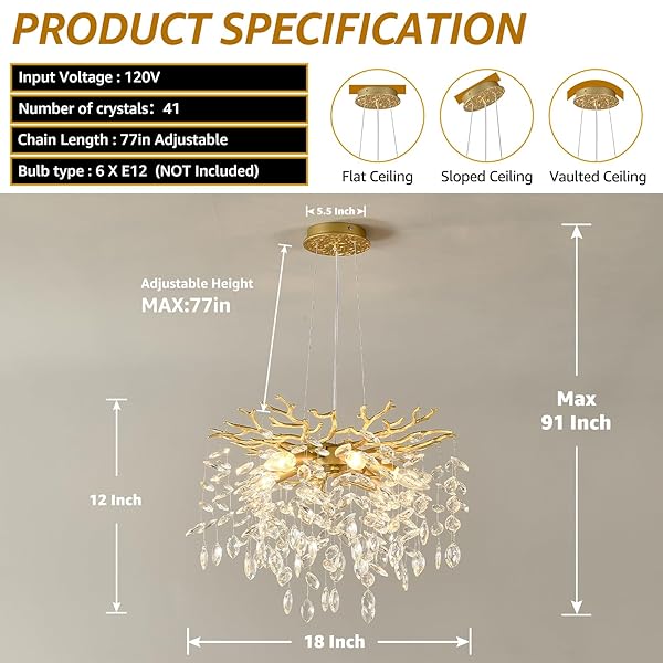 EGM GOLD TREE BRANCH CRYSTAL CHANDELIER 18-INCH, CRYSTAL CHANDELIER FOR DINING ROOM 6-LIGHT, HANGING ROUND RAINDROP CHANDELIERS FOR LIVING ROOM E12