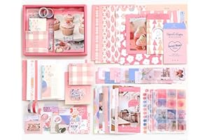 155Pcs Pink Cute Aesthetic Scrapbook Kit,with Journaling/Scrapbooking Supplies, Stationery,A6 Grid Notebook with Graph Ruled 