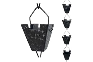 Rain Chains by JASINC 8.5 ft Castle Square Cups Black Powder Coated Aluminum, to Replace Roof Gutter Downspout, with Installation Kit, Rainwater Catcher/Water Diverter, JAS2003BLK