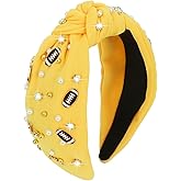 YARIEW Football Headband Pearl Rhinestone Jeweled Knotted Headband Fashion Headband Wide Game Day Sports Hair Accessories Gift for Football Mom Fans Christmas (Yellow)