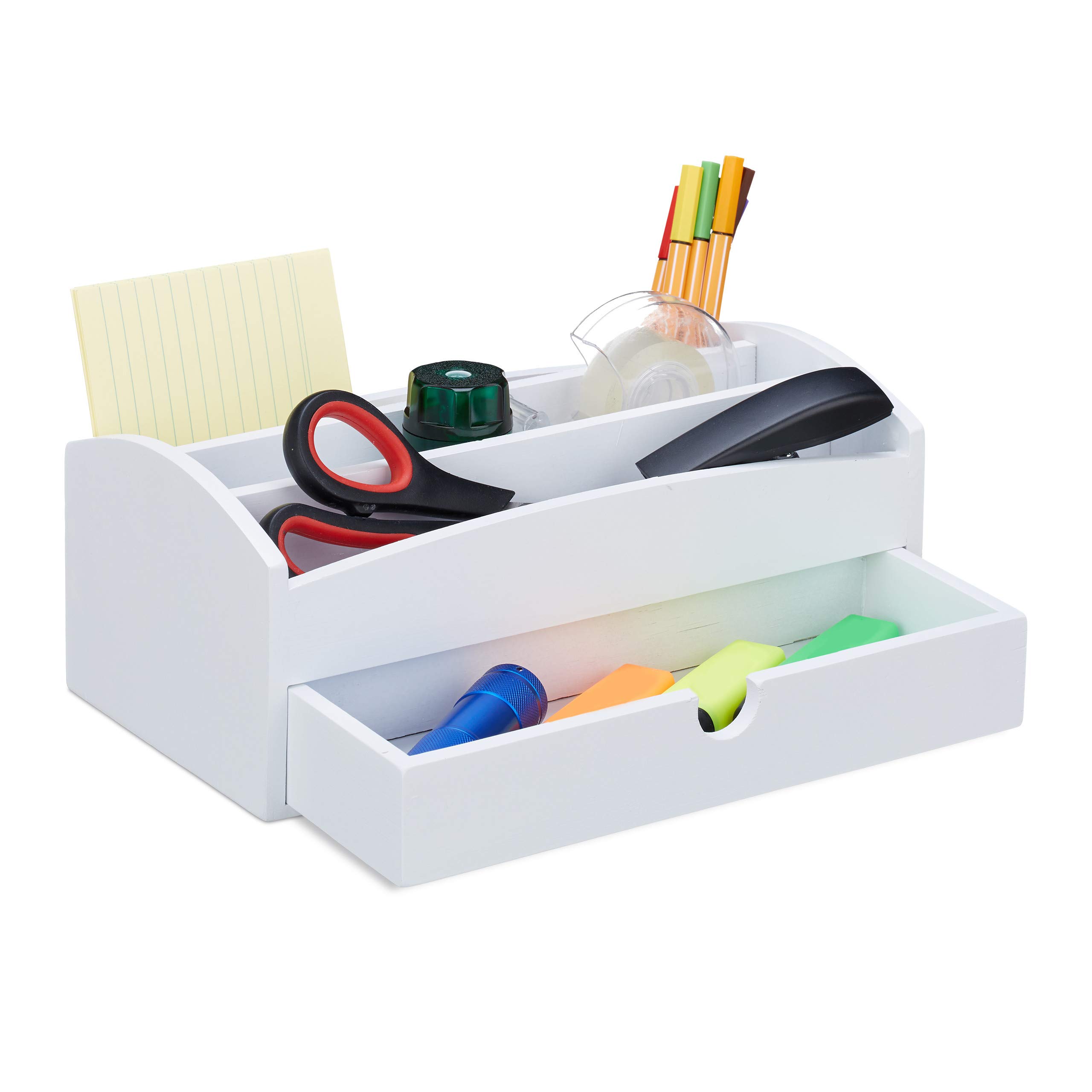 Relaxdays Desk Organiser, Bamboo Office Organiser with Compartments and Drawer, Stationery, HWD 11 x 27.5 x 15 cm, White