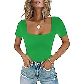 Chunpin Women's Sexy Square Neck Short Sleeve Bodysuit Tops Double Lined Slim Fitted Thong Body suit