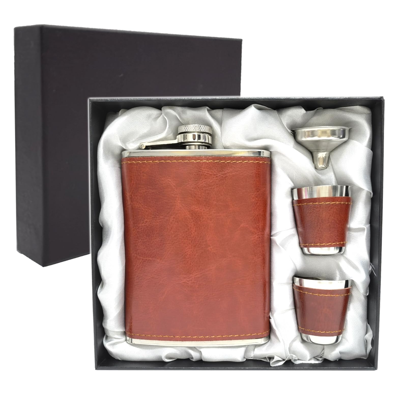 Hip Flask Set with Funnel and Shot Glasses, 8 oz Alcohol Flask Stainless Steel + PU Leather Whiskey Flask, Leak Proof Pocket Hip Flask for Liquor for Men, Brown