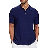 DEVOROPA Mens Knit Polo Shirts Short Sleeve Casual Collared Summer Dress Golf Shirt Hollow Out Texture Vacation Travel Tops