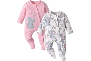 Elspilit Newborn Infant Baby Girls Clothes Bodysuits Little Kids Elephant Print Button Jumpsuit Outfit Set Pink White 2 Pack