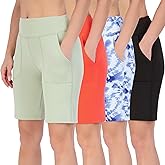 Real Essentials 4 Pack: Women's 9" Bermuda Long High Waisted Shorts with Pockets Casual Workout Athletic (Available in Plus)