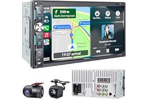 SJOYBRING QLED Double Din Car Stereo with Dash Cam & Backup Camera, Wireless Apple CarPlay & Android Auto, Bluetooth, 4.2-Ch 2 Subwoofers Outputs, 7" QLED Touchscreen, MirrorLink, FM/AM Radio