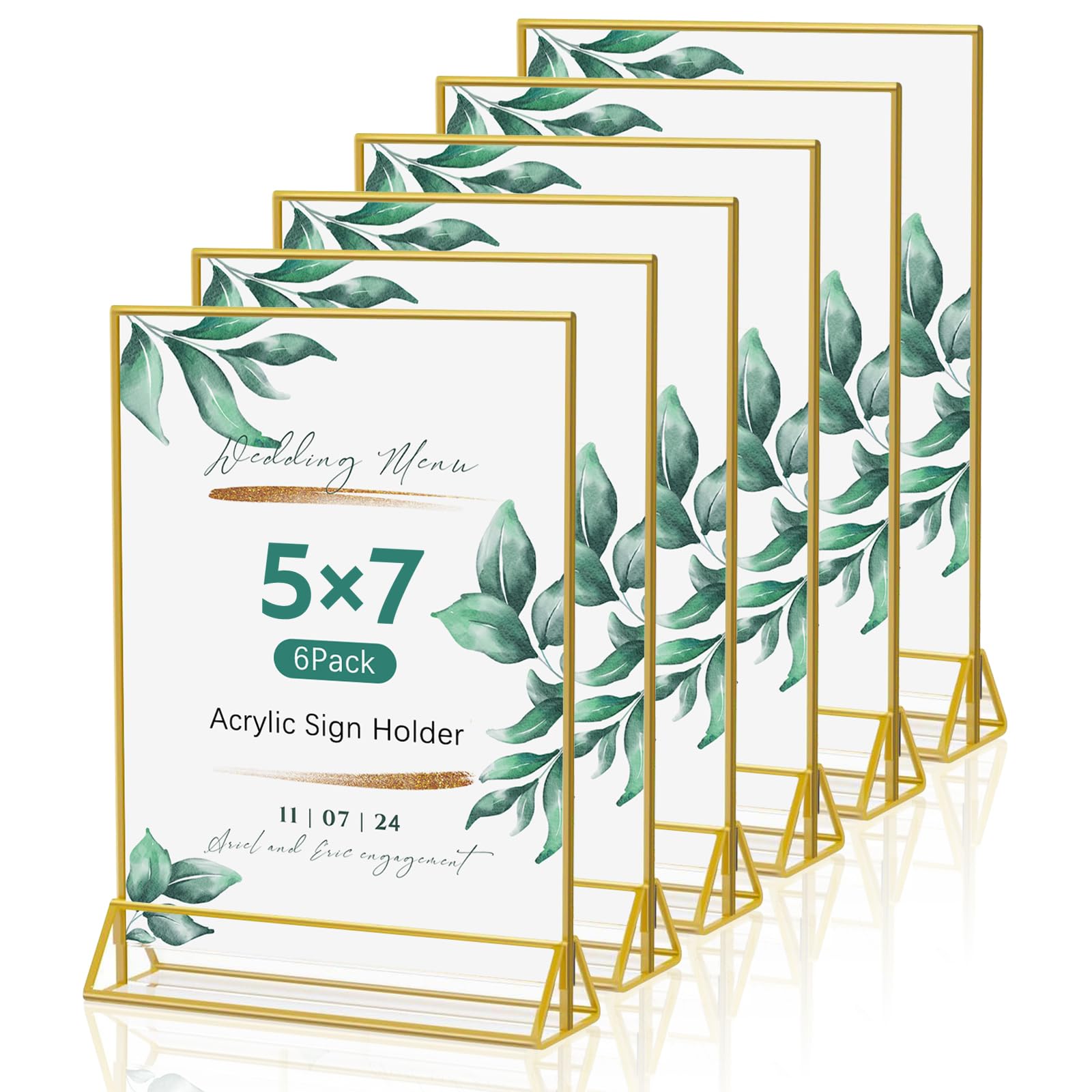 WenYa 6 Pack Gold Picture Frames Double Sided, 5x7 Acrylic Gold Borders Wedding Table Numbers, 12.7x17.8cm Clear Easel Table Stands, Menu Holder for Restaurant Signs Display