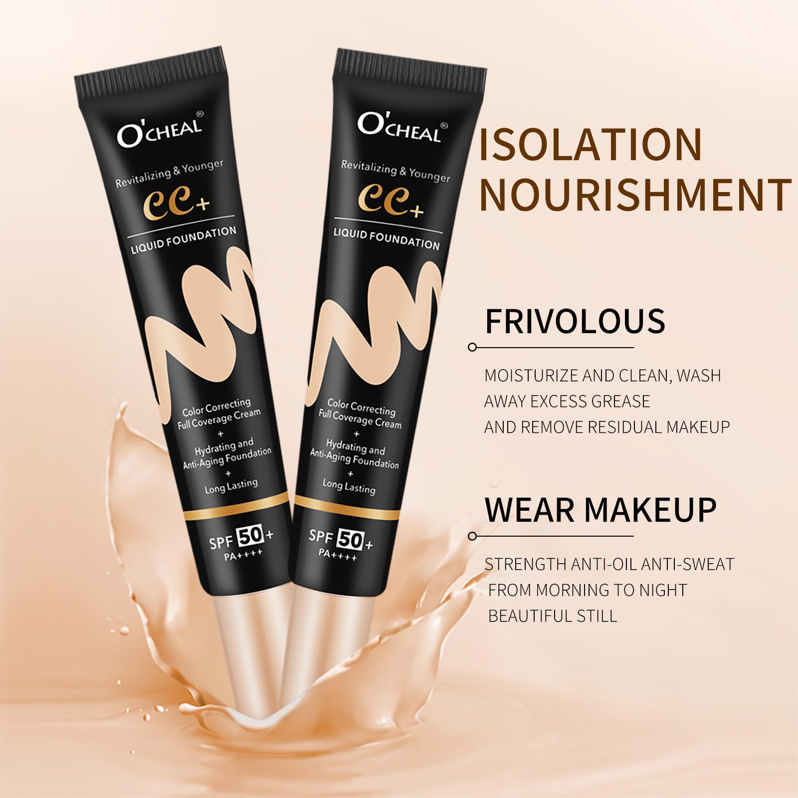 O'CHEAL CC Cream with SPF 50+, Hydrating Color Correcting Cream Full Coverage Lightweight Powder Foundation, Waterproof Long Lasting Pre-makeup Primer Facial Concealer Refine Skin Texture (Natural)
