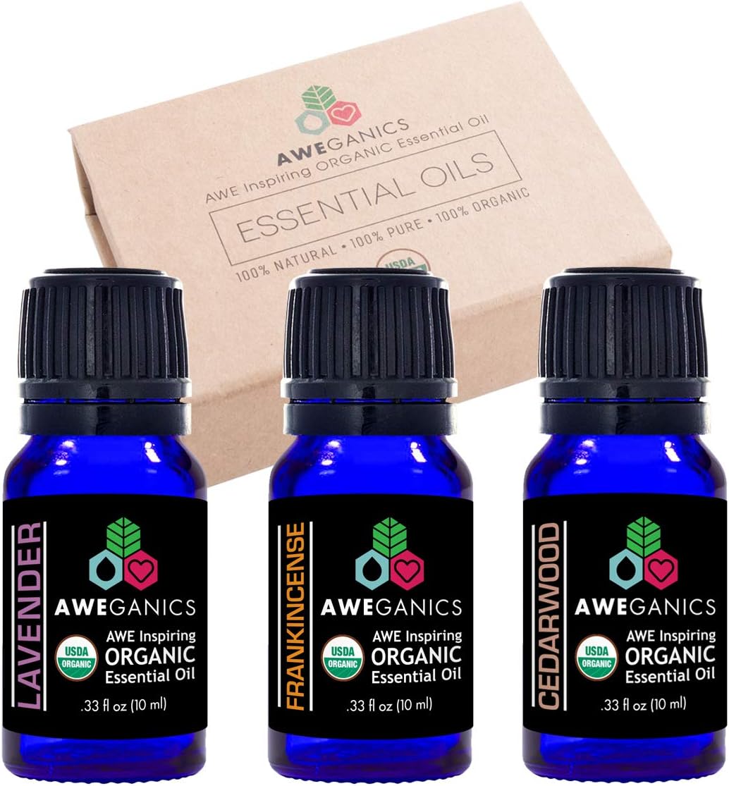Aweganics USDA Organic Essential Oils for Sleep, 3 Pack Oil Blends Aromatherapy Gift Set, 100% Pure, Natural, Best Essential Oils for Sleep, Lavender, Frankincense, Cedarwood - 10ml - MSRP $44.97