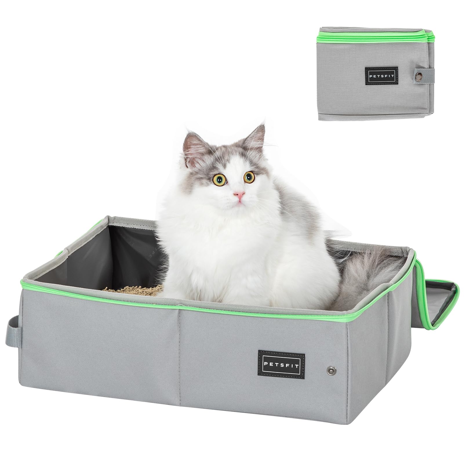 PETSFIT Travel Litter Box for Cats, With lid, Waterproof Bottom, Zipped Top Litter Box, Standard Cat Litter Boxes, Leak-Proof, Lightweight Grey Green, 40cm x 30cm x 12cm