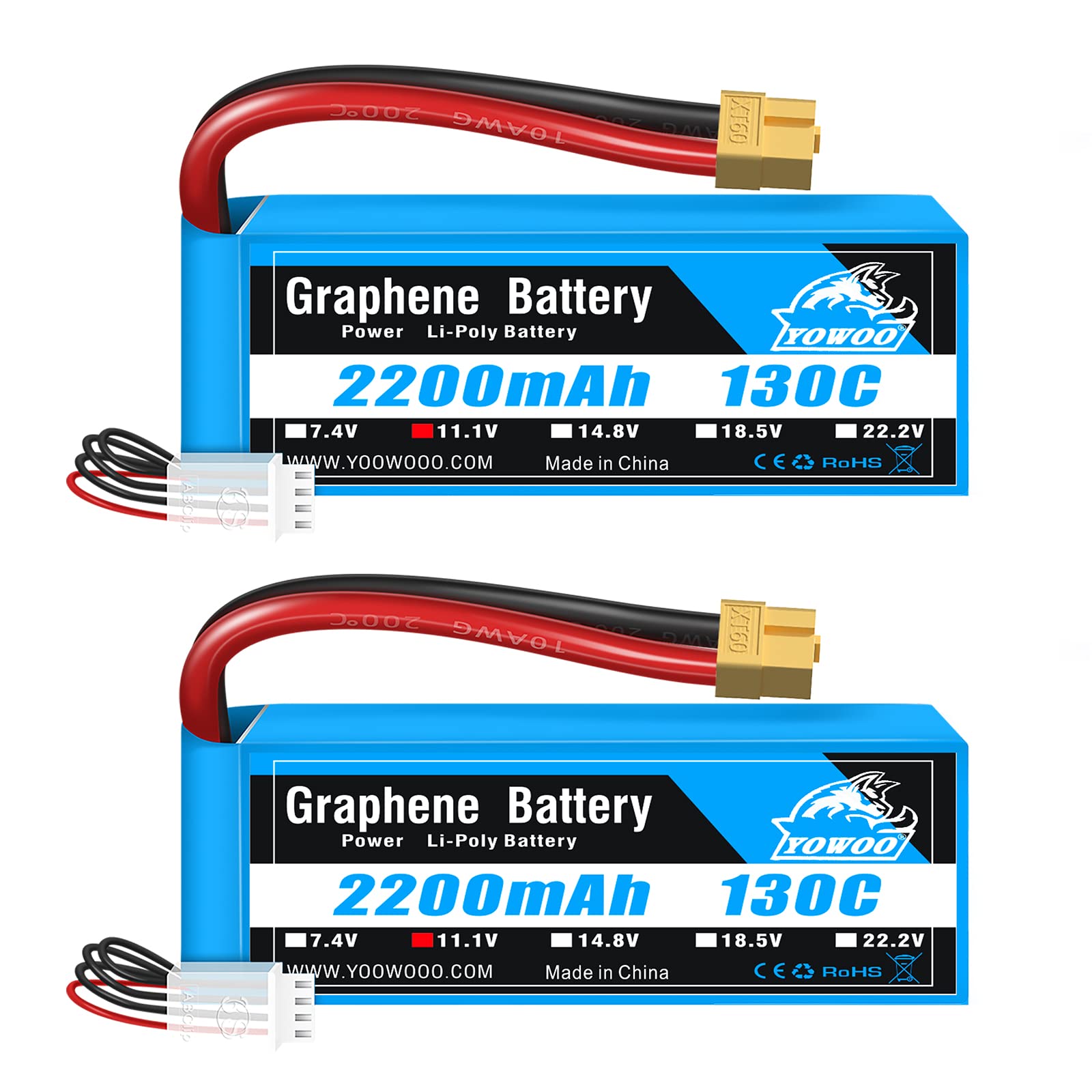 Photo 1 of Yowoo 2 Pack 3S Lipo Battery 2200mAh 11.1V 130C Graphene Lipo Battery with XT60 Plug for E flite Valiant Parkzone E4F Wildcat Great Planes E-Cub RC Car Boat Truck Heli Airplane Quadcopter Helicopter