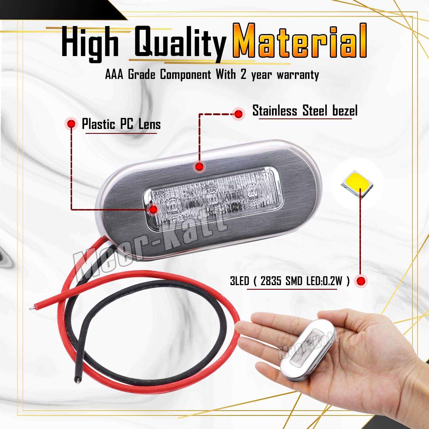 Meerkatt (Pack of 10) 3 Inch Oblong Amber LED Marine Courtesy Light Sealed Flush Mount Clearance Lamp for Yacht Stair Deck Garden Boat RV Cabin Truck Waterproof 12V DC with Chrome Stainless Bezel UV12