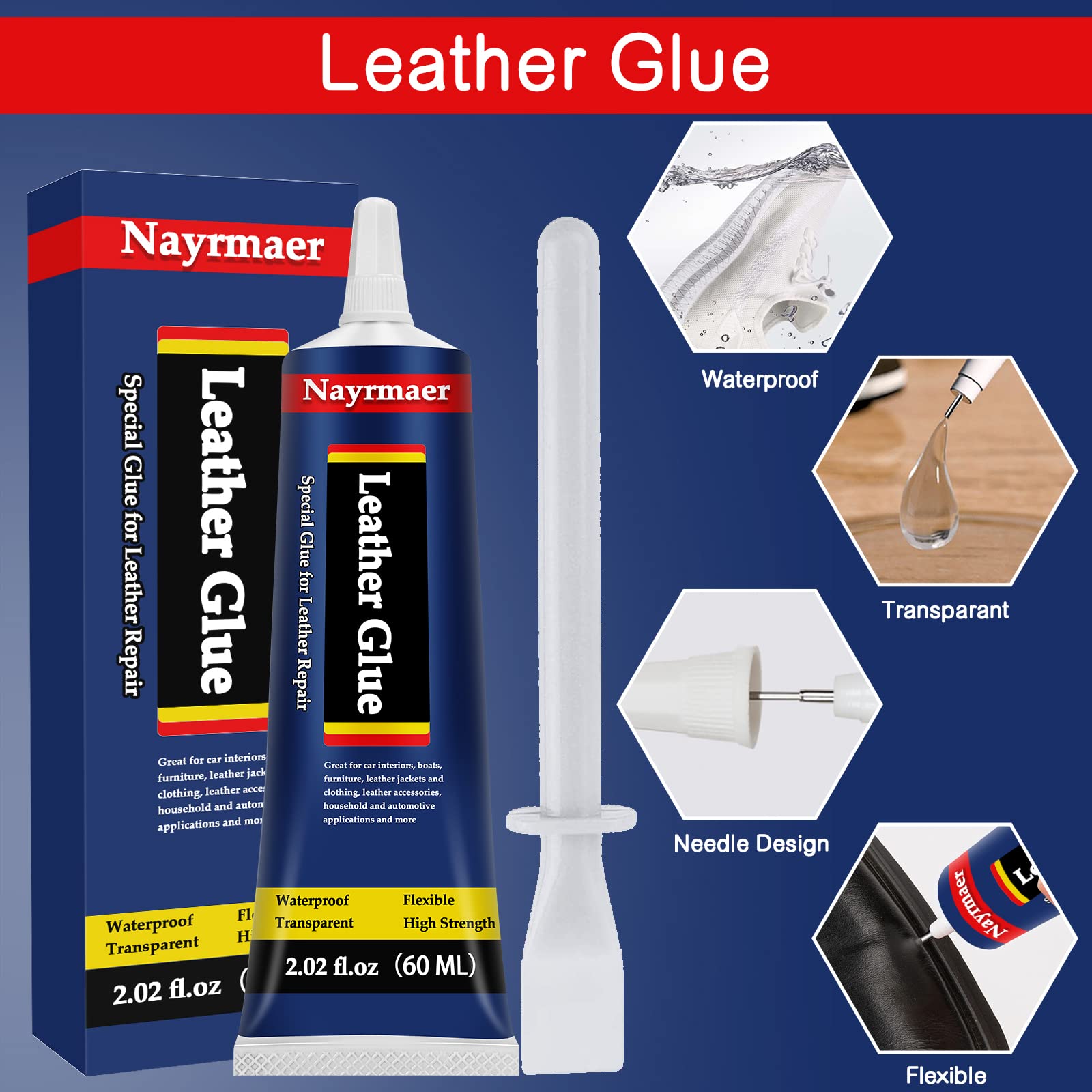 Nayrmaer Leather Glue, Special Fabric Adhesive Permanent Clear Washable for BondingLeather and Different Materials (Leather Glue, 60 ML * 1 Pack)
