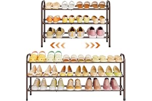 Gewudraw 3-Tier Shoe Organizer,Shoe Rack for Closet,41.53'' Metal Shelf for Bedroom, Entryway,Adjustable to 18 Pairs Shoes, Expandable,Brown