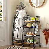 DAOUTIME Golf Bag Garage Storage Rack with Wheels, Organizer for Single Golf Bag and Equipment Accessories, Ideal for Home, Garage, Club, Shed, Basement - Sturdy Wood and Metal Construction (Black)