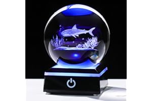 Arikyrist 3D Crystal Ball Shark Figurine with Colorful Light Base, Shark Gifts for Shark Lovers Women Men on Christmas Birthday, Laser Engraved Glass Shark Ornament Globe for Home Office (80mm)