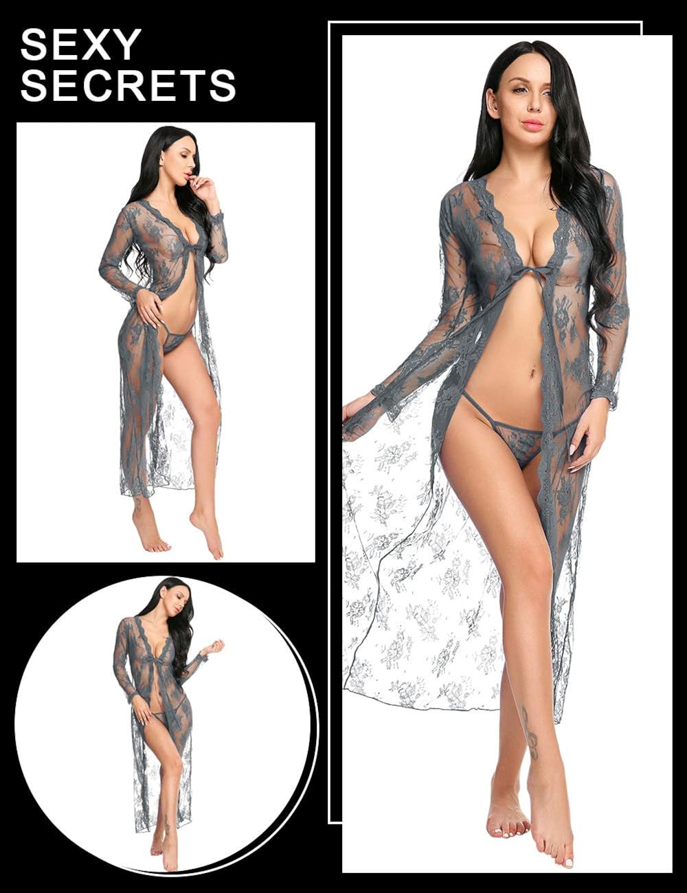 Lingerie for Women Sexy Long Lace Dress Sheer Gown See Through Kimono Robe: Clothing