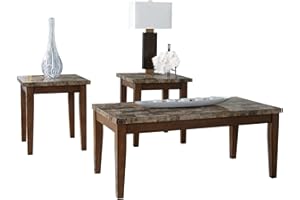 Signature Design by Ashley Theo Contemporary Faux Marble 3-Piece Occasional Table Set, Includes Coffee Table and 2 End Tables, Brown