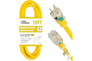 HONDERSON 10FT 14/3 Lighted Outdoor Extension Cord - 14 Gauge 3 Prong SJTW Heavy Duty Yellow Extension Cable with 3 Prong Grounded Plug for Safety,UL Listed