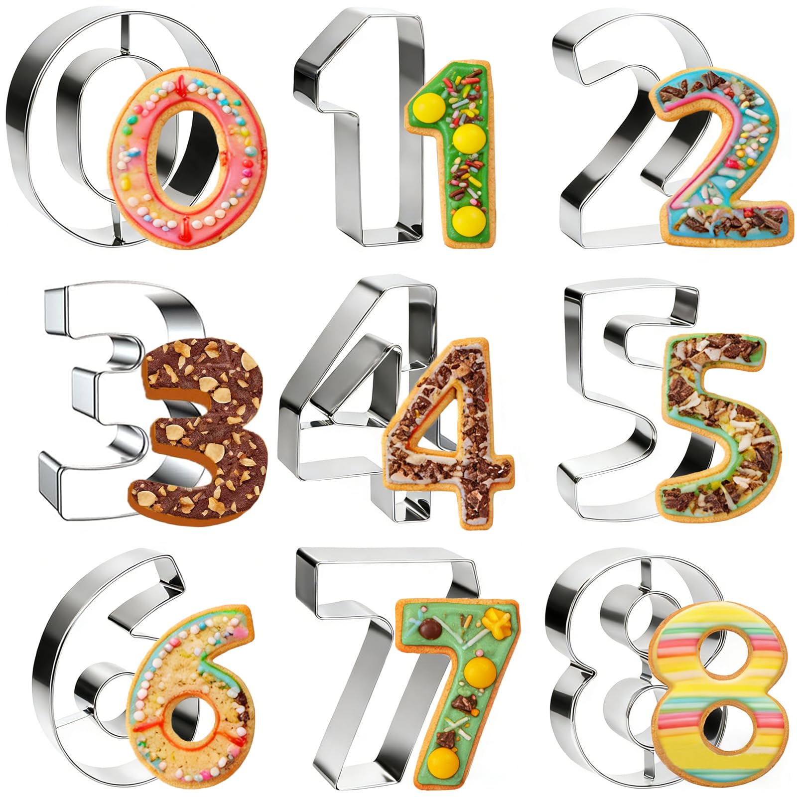 Photo 1 of 2 In 9 pcs Number Cookie Cutters Set,Stainless Steel Birthday Numbers 0-8(6 Reverses to 9),Cookie Fondant Dough Numbers Kitchen Baking,for Birthday wedding family gathering Christmas Party