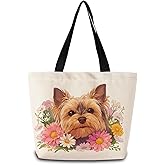 ZhuVantrix Floral Yorkshire Terrier Tote Bag Reusable Grocery Bags Cute Shopping Shoulder Handbag with Interior Pocket Washable Stylish Floral Yorkshire Terrier Present for Dog Mom Women