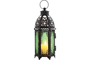 NEEDOMO Hanging Moroccan Lantern, 11'' Vintage Candle Holder, Metal Lanterns Decorative Indoor Outdoor, Table, Patio, Porch, Shelf, Gothic Home Decor (Green, Medium Size)