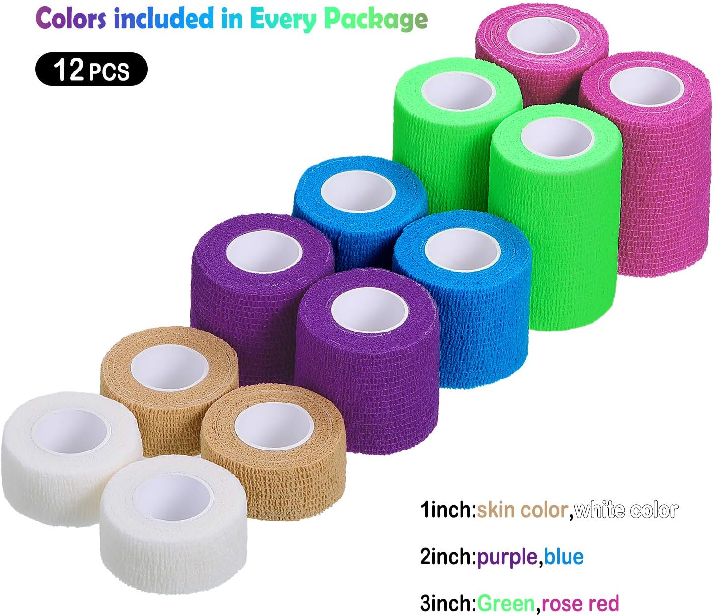 Skin Color 12 Pieces Adhesive Bandage Wrap SelfAdherent Stretch Bandage Tape 1 2 3 x 5 Yards