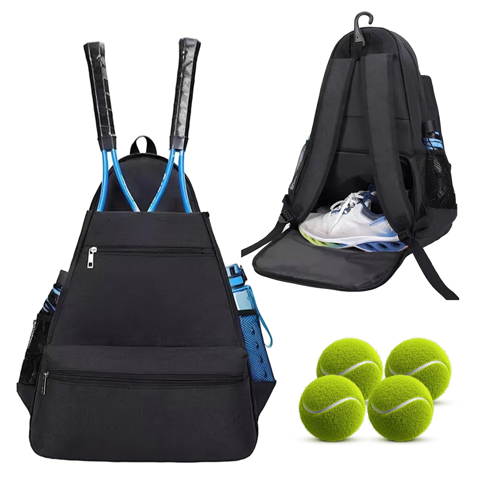 Tennis Backpack, Large Capacity Racket Bags Unisex with Shoe Compartment and Multi-Pocket Holds Tennis Rackets Pickleball Rackets Badminton Rackets Squash Rackets Balls and Shoes (Black)