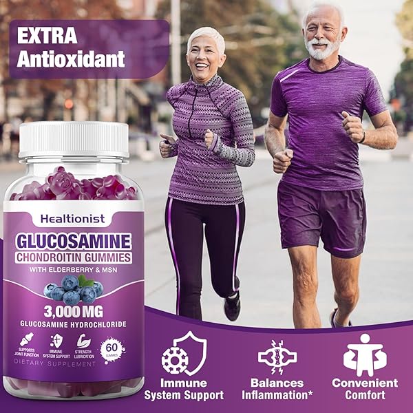 HEALTIONIST 2 PACKS 3000MG GLUCOSAMINE CHONDROITIN GUMMIES WITH MSM & ELDERBERRY – EXTRA STRENGTH JOINT HEALTH, FLEXIBILITY, ANTIOXIDANT IMMUNE SUPPORT SUPPLEMENT GUMMY FOR ADULTS, MEN & WOMEN 120 CTS