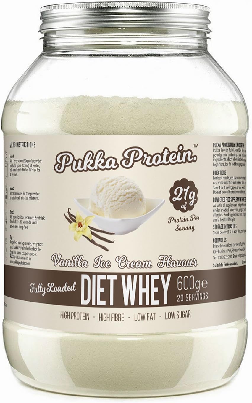 PUKKA PROTEIN - Diet Whey Vanilla Protein Powder - 20 Servings - Low Fat, High Protein Shake – Easy to Mix Slim Shake for Women or Men Looking to Build Lean Muscle – Fully Loaded with Acai Berry, CLA, Flaxseed, Green Coffee Bean, Green Tea, Inulin, L-Glutamine and Free Scoop.