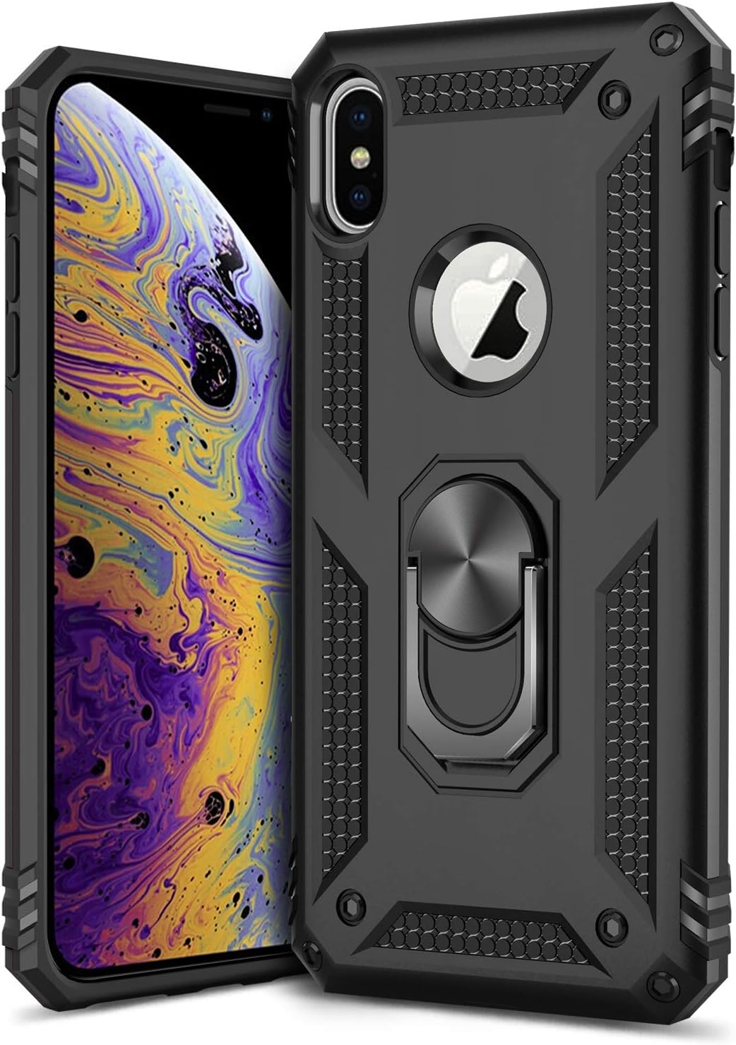 GREATRULY Ring Kickstand Phone Case for iPhone Xs Max 6.5 Inch,Heavy Duty Dual Layer Drop Protection Case,Hard Shell + Soft TPU + Ring Stand Fits Magnetic Car Mount,Black