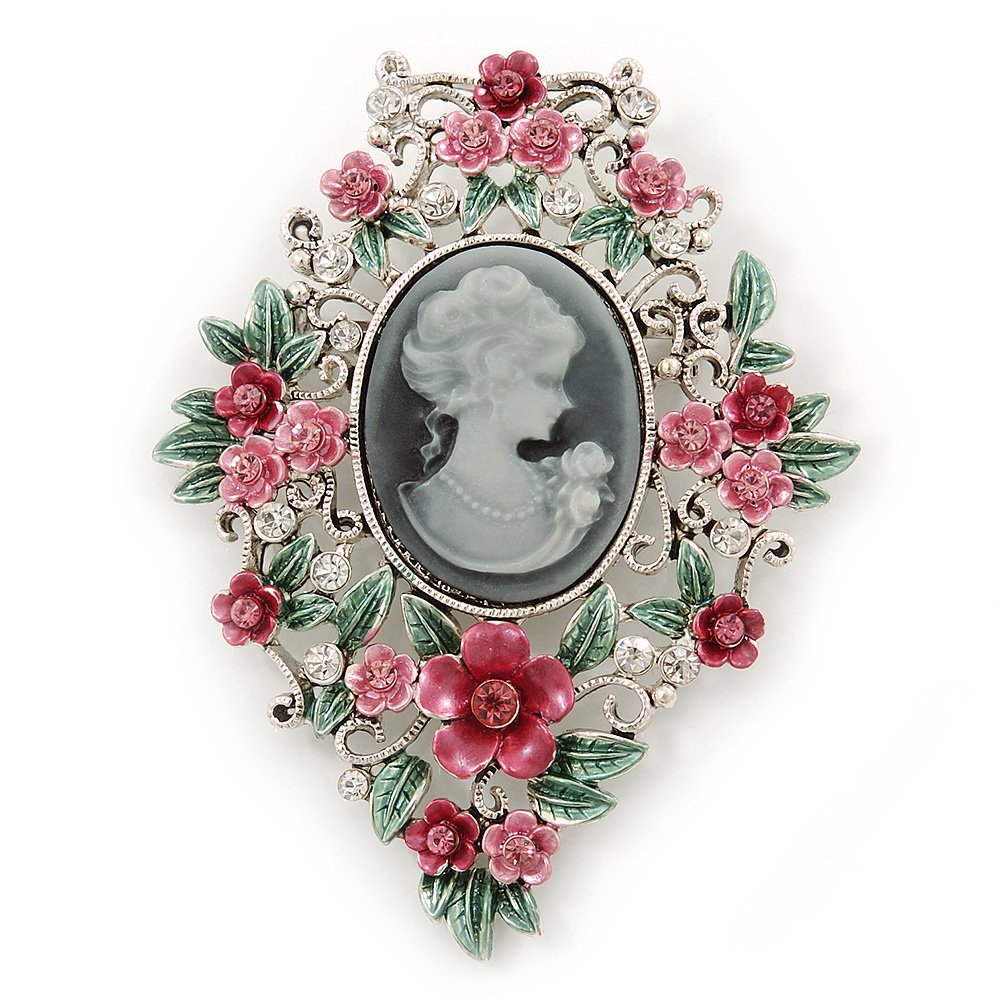 Pink/Green Floral Cameo Brooch In Silver Tone - 70mm L
