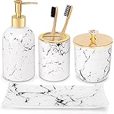 Haturi Glass Bathroom Accessories Set – 4-Piece Marble-Style White and Gold Bathroom Set with Soap Dispenser, Toothbrush Holder, Jar with Lid – Elegant Glass Design for Modern Vanity Décor