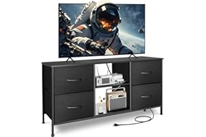 Sonharlar TV Stand for Bedroom, Television Stand for TV up to 46 Inch Entertainment Center Dresser with 4 Drawers Open Storage Shelves for Living Room, Entryway (Black and Charcoal Black)