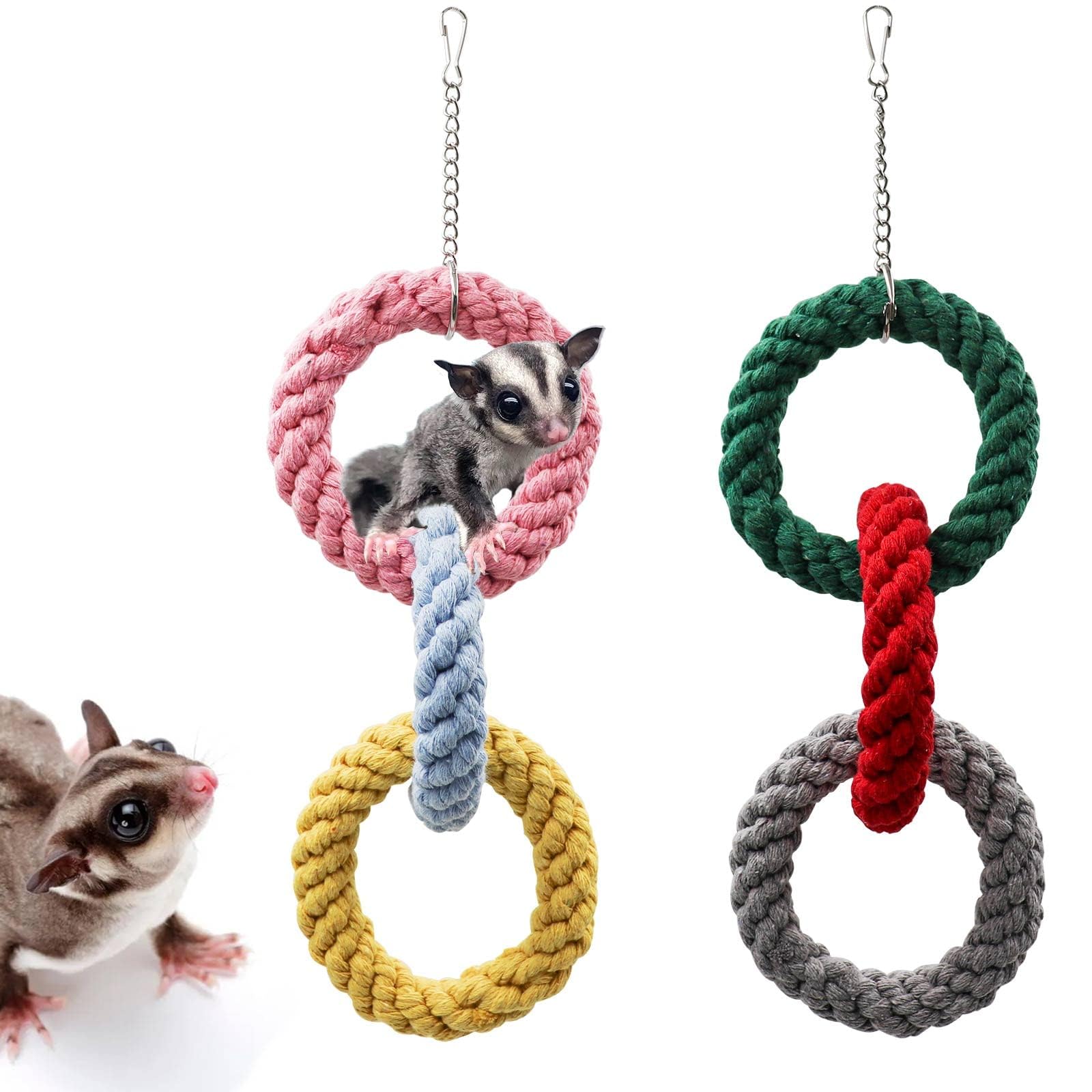 2 Pack Sugar Glider Climbing Toys, Colorful Sugar Glider Hanging Three-Ring Swing Toys, Sugar Glider Hamster Rats Toys, Cage Accessories for Birds Ferret Hamster Squirrel Chinchilla Parrots