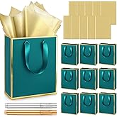 Yeaqee 10 Pack Metallic Paper Gift Bags with Handles Tissue Paper Thank You 5 Senses Gift Bag for Birthday Wedding Baby Shower Groomsmen Bridal Anniversary Favor 9 x 7 x 3.15''(Turquoise,Gold)