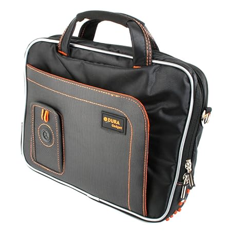 DURAGADGET extravagante Schultertasche für Haier Pad 971, Pad W203 und Pad Maxi 10.1 Zoll Tablets (Schwarz mit Orangefarbener