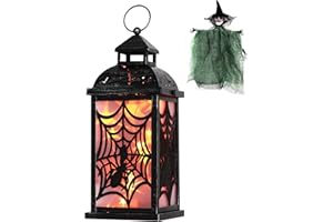 DECORKEY Halloween Decorations Indoor, 14.7" Spider Web Candle Glitter Lantern with LED Lights (8 Modes), Hanging Halloween Lanterns with Witch, Outdoor Home Room Table Party Hocus Pocus Decor
