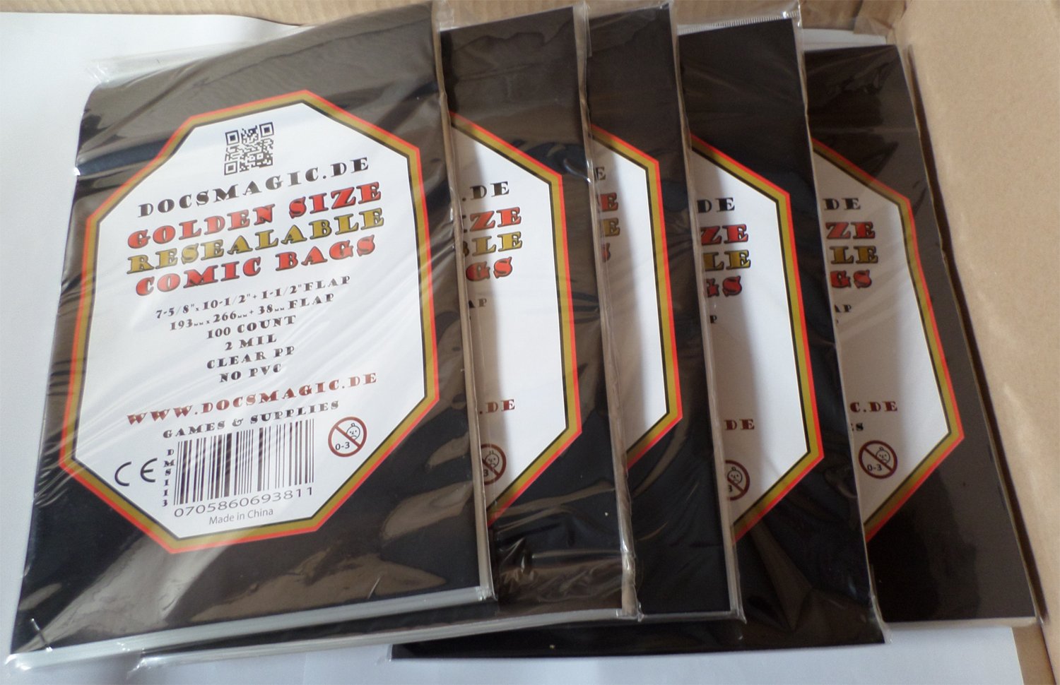 docsmagic.de 5x 100 Resealable Golden Size Comic Book Bags 7-5/8"x 10-1/2"+ 1-1/2"Flap- 2 Mil