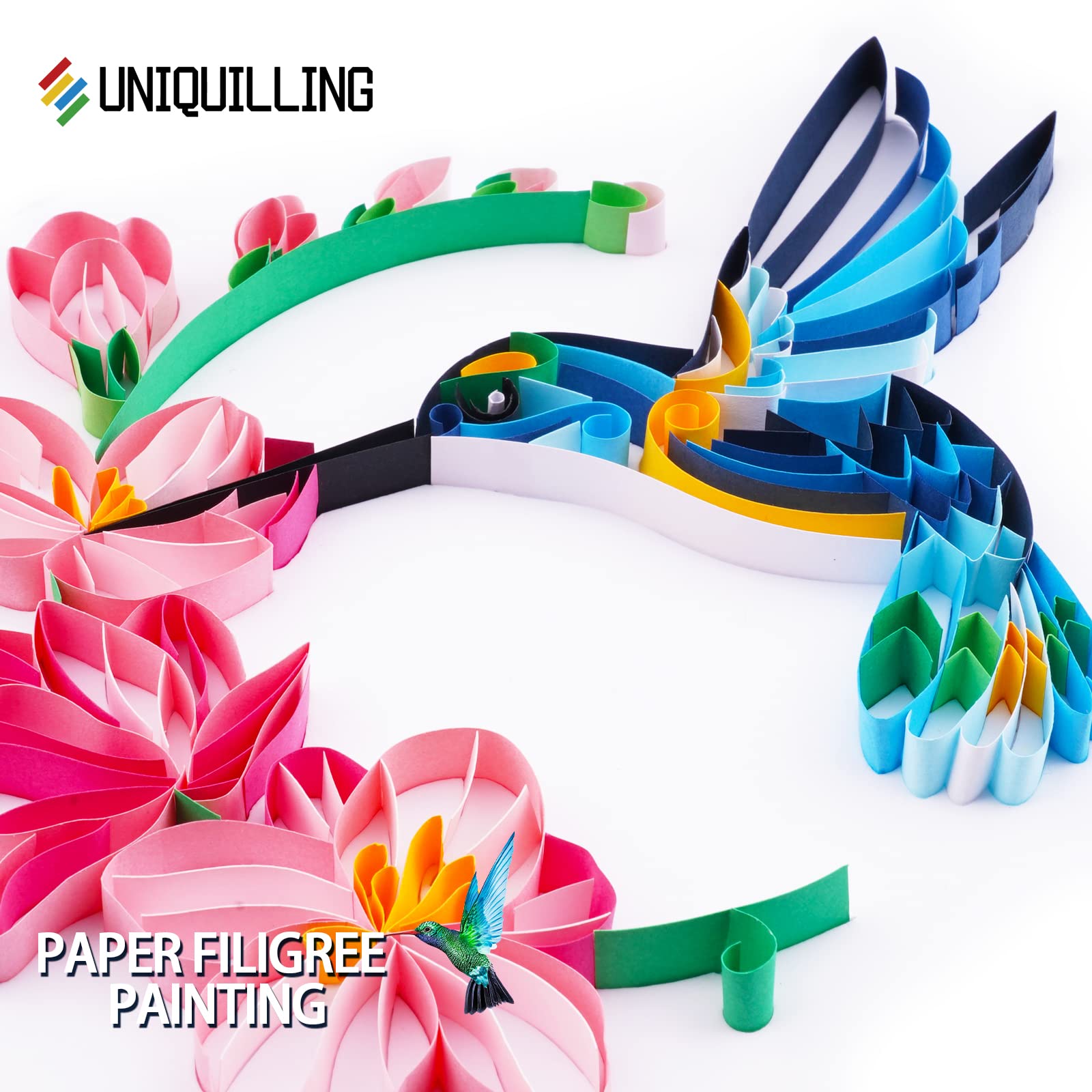 Uniquilling Quilling Kit, Paper Quilling Kits, 8 * 10-in Flower& Hummingbird Paper Filigree Kits with Quilling Tools& Using Manual, DIY Quilling Artwork Modern Wall Art for Living Room