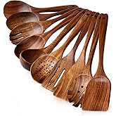 Wooden Spoons for Cooking -10 Pcs Cooking Utensils Set with Smooth Finish, Durable Teak Wood Kitchen Utensils Set, Nonstick Cooking Utensils, Lightweight, Heat-Resistant, Comfort Grip Kitchen Utensils