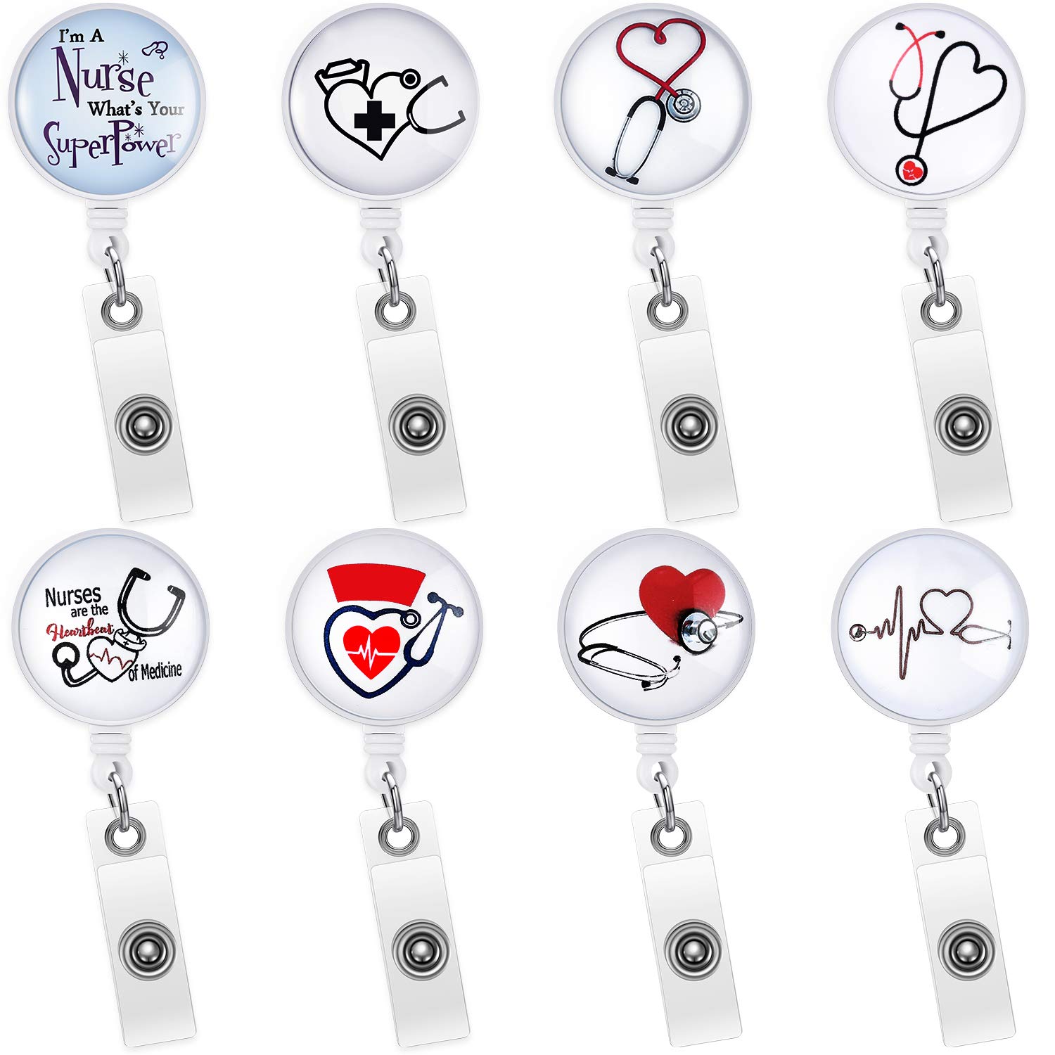 8 Pieces Nurse Badge Reel Holder Retractable Badge Holder ID Badge Reel Clip for Nurse Doctor Teachers Students Women Men, 8 Styles