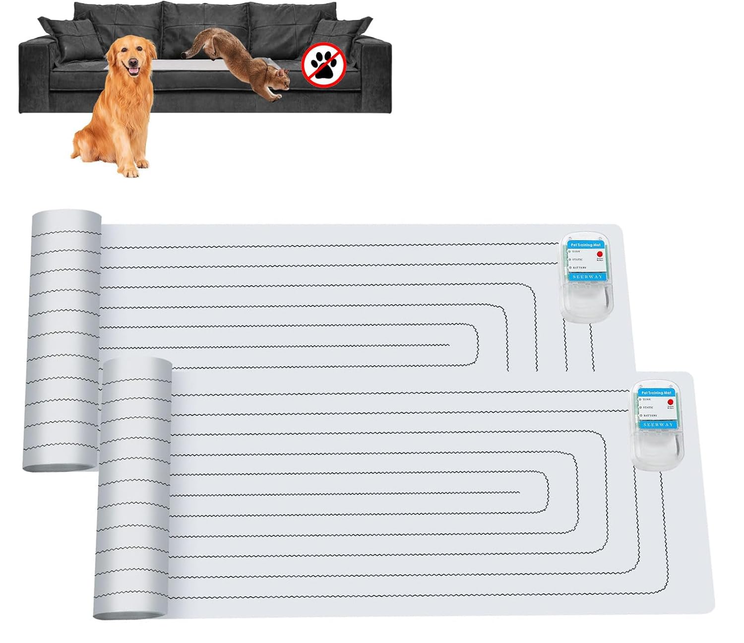 Photo 1 of SEERWAY Scat Pet Shock Mat Indoor - Safe Electric Training Pads for Dogs & Cats, Repellent Mat Keeps Pets Off Couch, Sofa, Counter Top, 60"x12" 3 Training Modes, Battery Operated