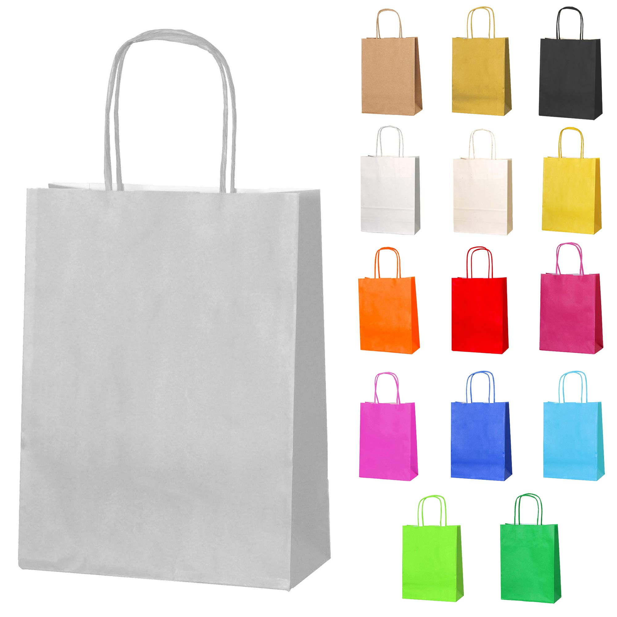 Thepaperbagstore 30 Silver Small Paper Party Bags With Handles - 18x22x8cm - Colourful Paper Gift Bags for Kids and Adults Parties, Birthdays, Weddings, Baby Showers, Hen Parties and Sweets